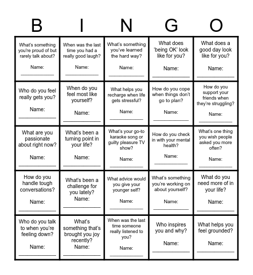 R U OK? Conversation BINGO Card