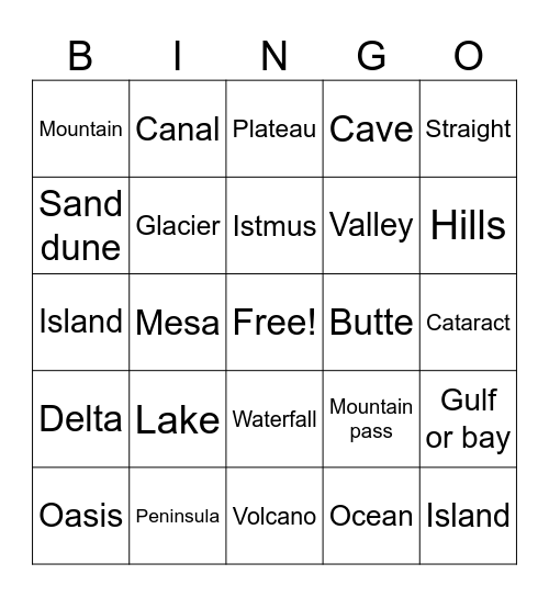 Geographic Terms Bingo Card