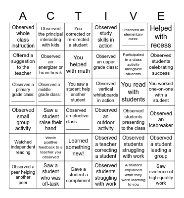 Observation Bingo Card