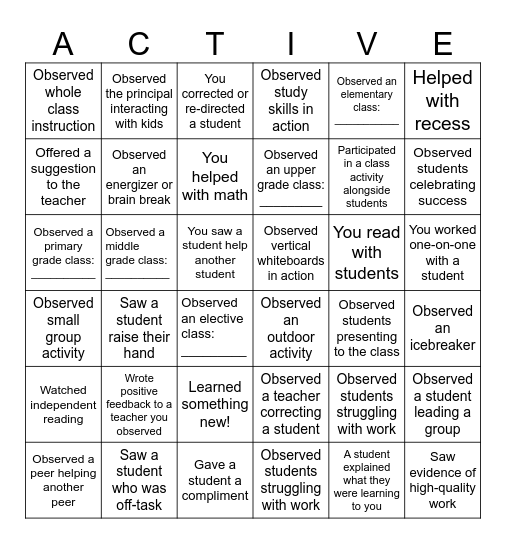 Observation Bingo Card
