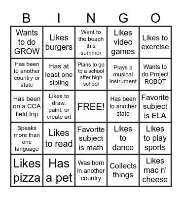 First Week of School Bingo Card
