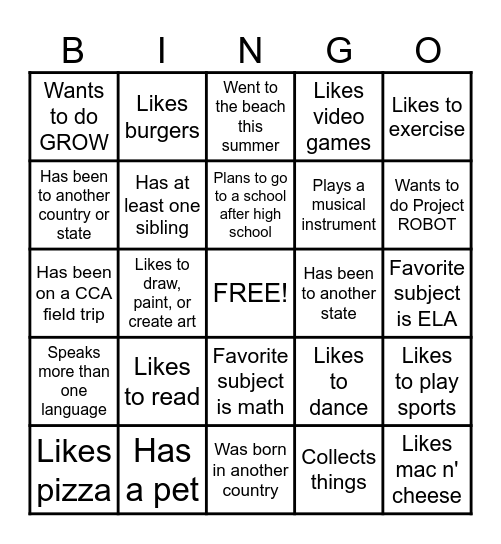 First Week of School Bingo Card