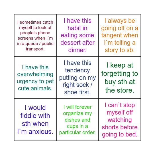 Habits Bingo Card
