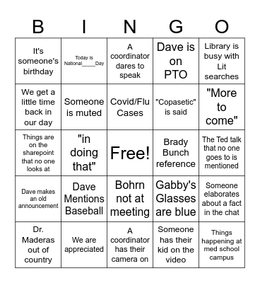 Library Meeting Bingo Card