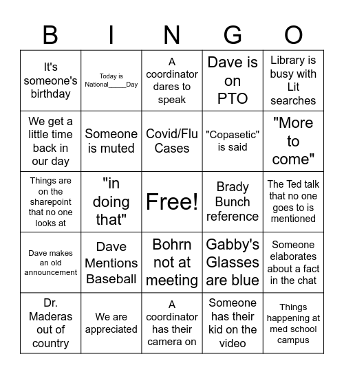 Library Meeting Bingo Card