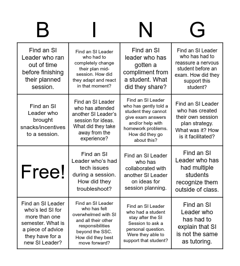 SI Leader Bingo Card