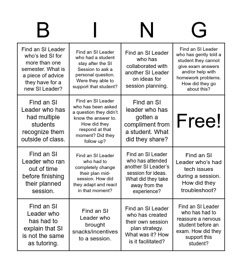 SI Leader Bingo Card