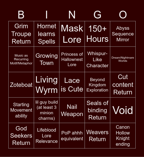 SILKSONG BINGO Card