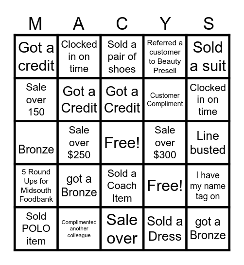 Macy's Bingo Card