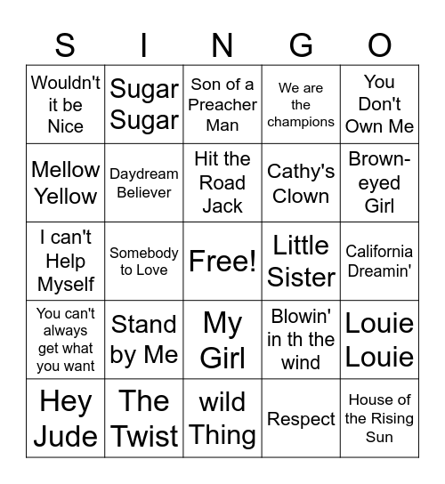 60's Hits Bingo Card