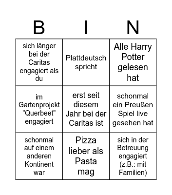 Caritas Bingo! Finde eine Ehrenamtliche, der*die Bingo Card