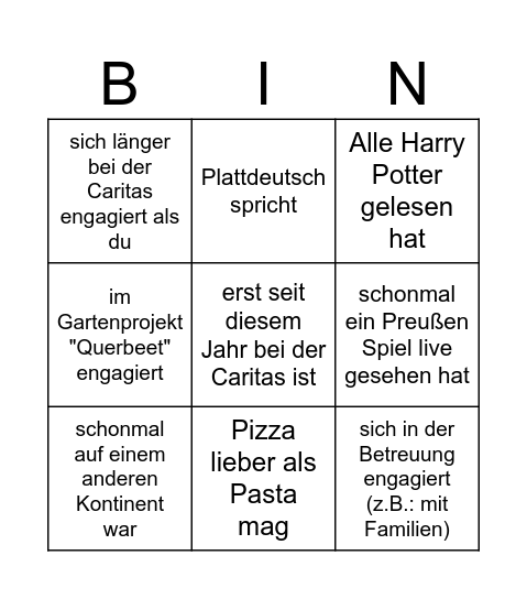 Caritas Bingo! Finde eine Ehrenamtliche, der*die Bingo Card