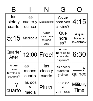 Telling Time Bingo Card