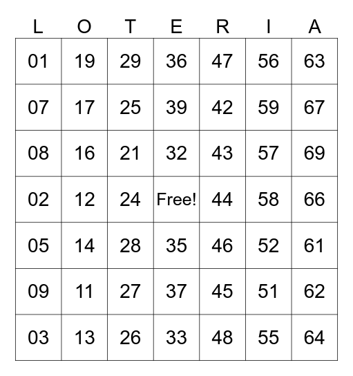 High Sky Bingo Card