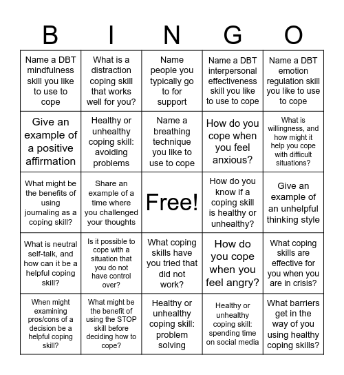 Coping Bingo Card