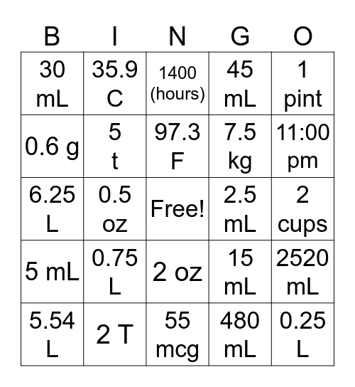 Basic  Dosage Calculation BINGO! Bingo Card