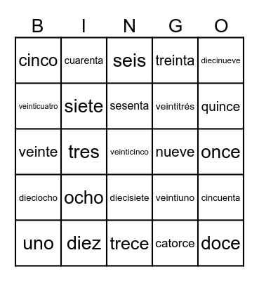 Numeros Bingo Card