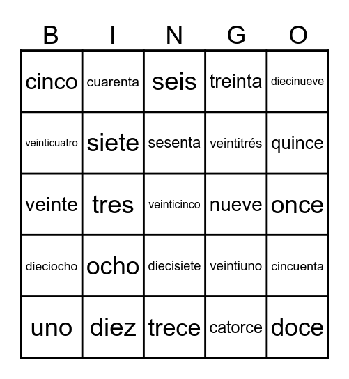 Numeros Bingo Card