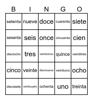 Numeros Bingo Card