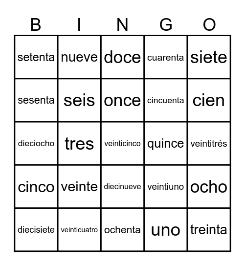 Numeros Bingo Card