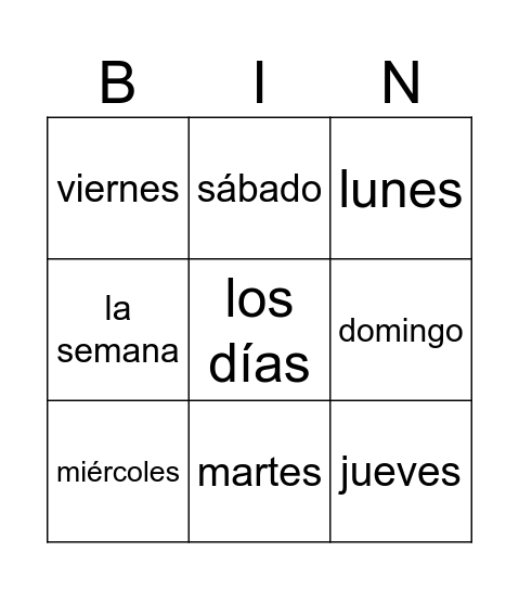los días de la semana Bingo Card