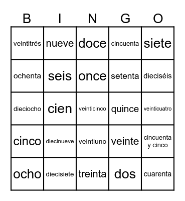 Numeros Bingo Card