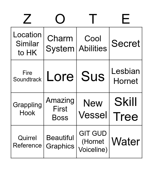 Silksong Bingo Card
