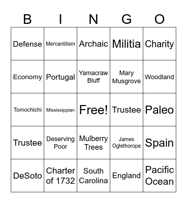 Colonization of Georgia Bingo Card