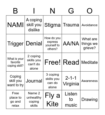 Coping Skills Bingo Card