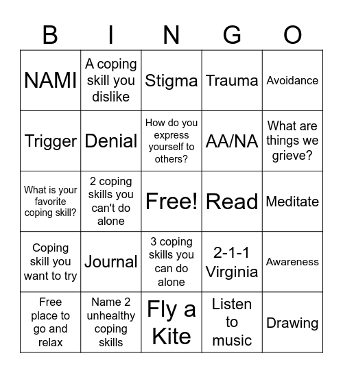 Coping Skills Bingo Card