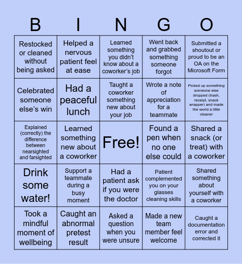 Optometric Assistant BINGO Card