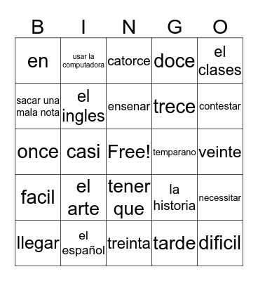Spanish 1 Bingo Card