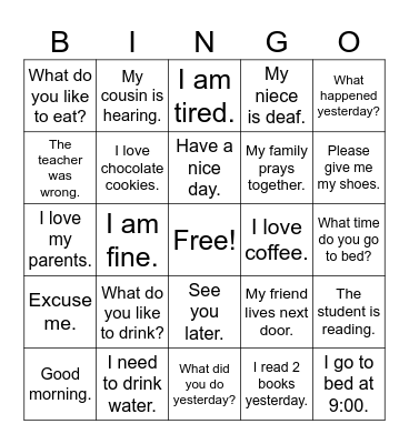 ASL Common Phrases Bingo Card