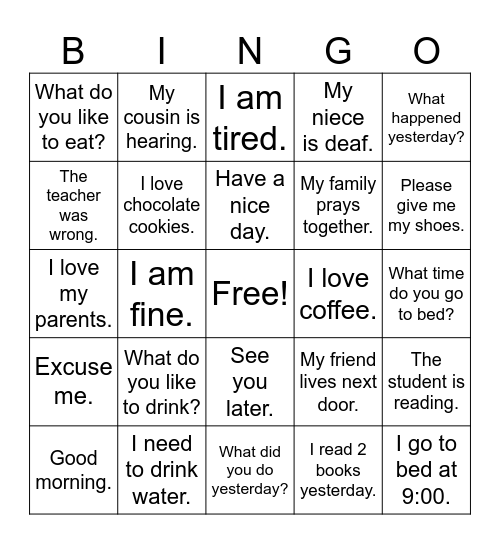 ASL Common Phrases Bingo Card