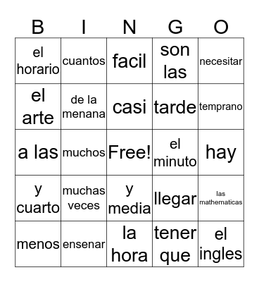 Spanish Vocal Bingo Card