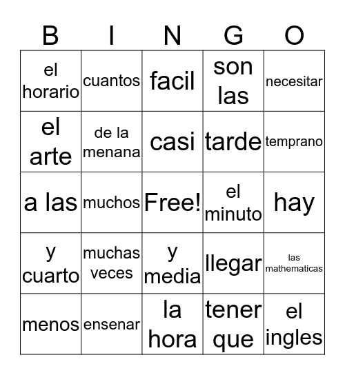 Spanish Vocal Bingo Card