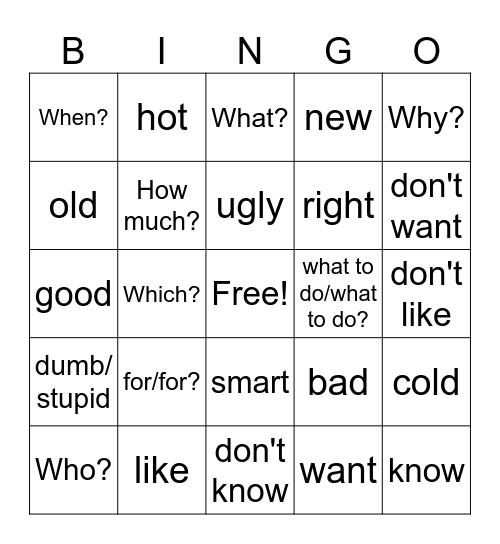 ASL Questions and Opposites Bingo Card