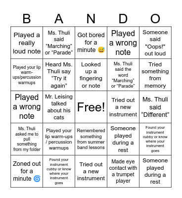 First Day "BANDO" Bingo Card