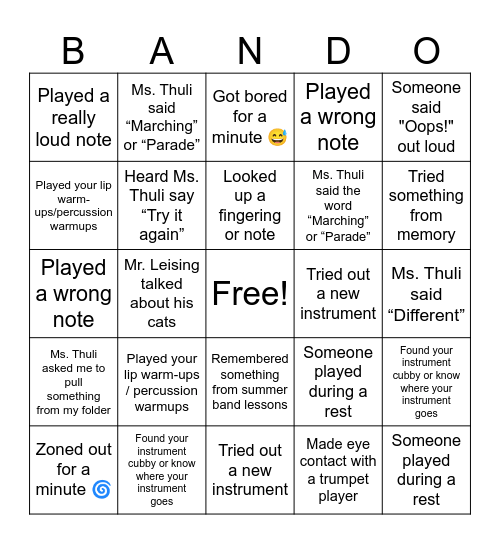 First Day "BANDO" Bingo Card