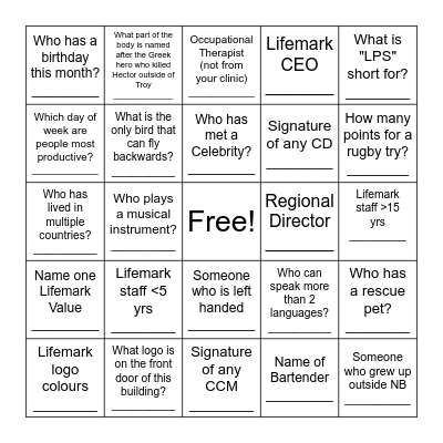 Lifemark New Brunswick Bingo Card