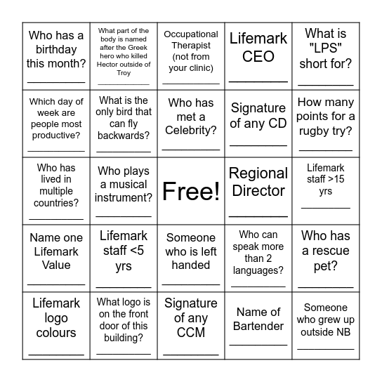 Lifemark New Brunswick Bingo Card