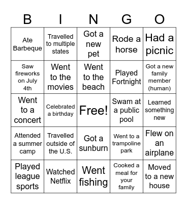 What I Did on My Summer Vacation Bingo Card