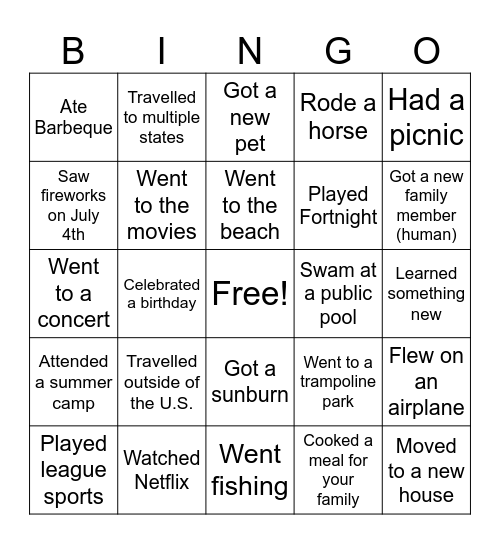What I Did on My Summer Vacation Bingo Card