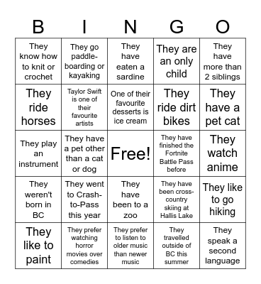 Write Their Name in the Space If Bingo Card