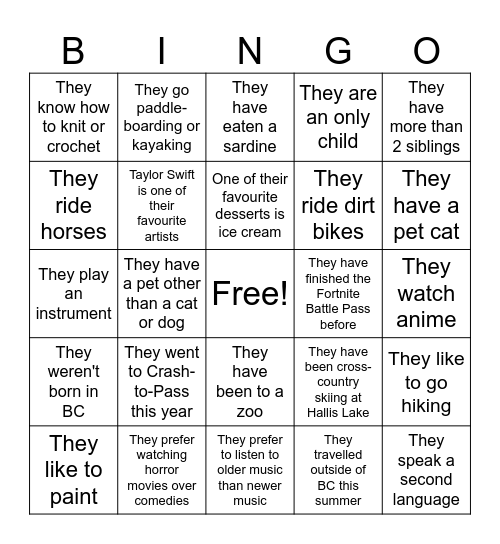 Write Their Name in the Space If Bingo Card