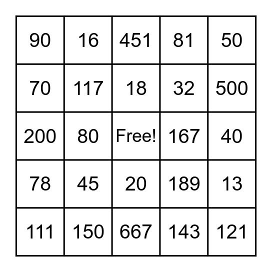 Numbers Bingo Card