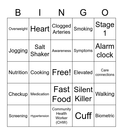 Bedrock  Blood Pressure Bingo Card