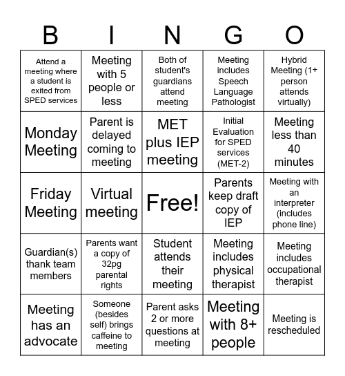 IEP Bingo Card