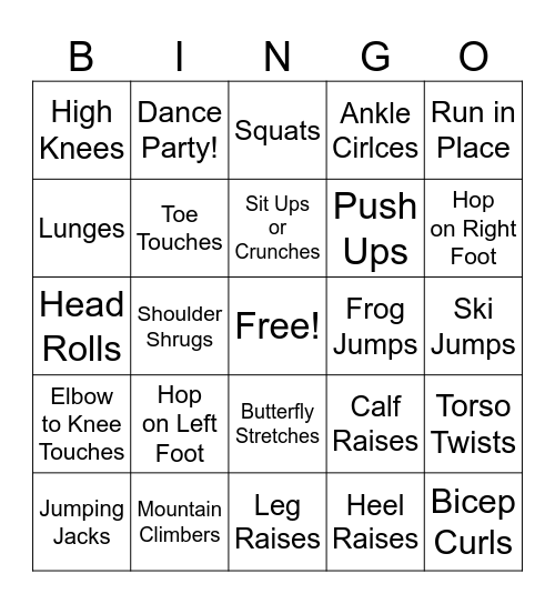 Exercise Bingo Card