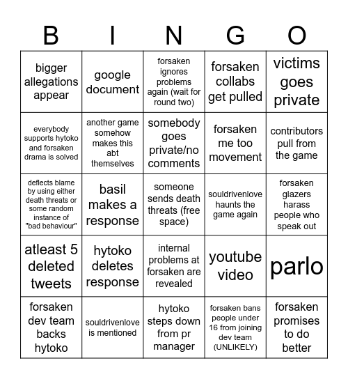 FORSAKEN SLOPFEST BINGO Card